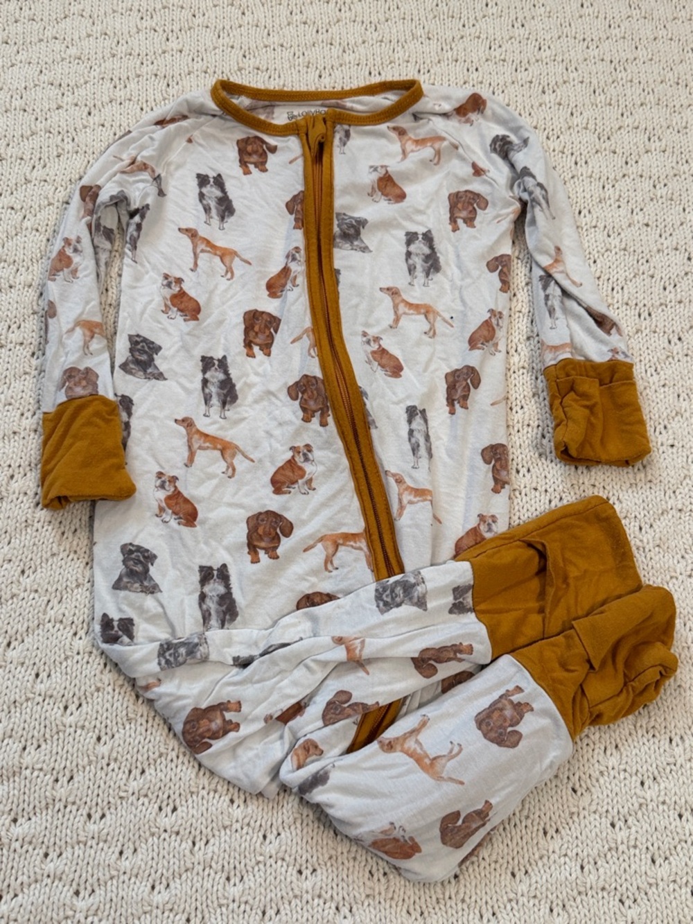 Kids Dog-Print One-Piece Pajamas with Mustard Trim